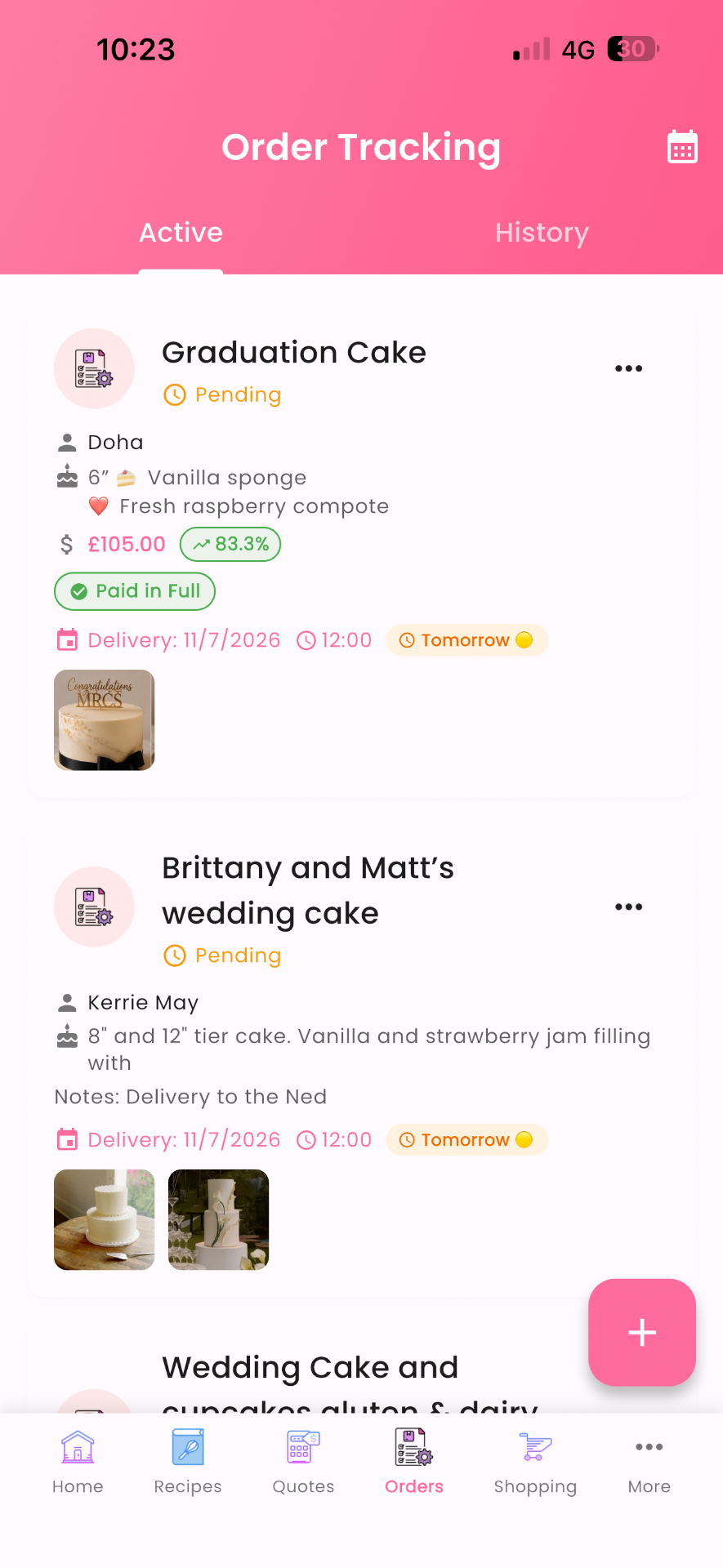 Order Management screen in Cake Aide Pro