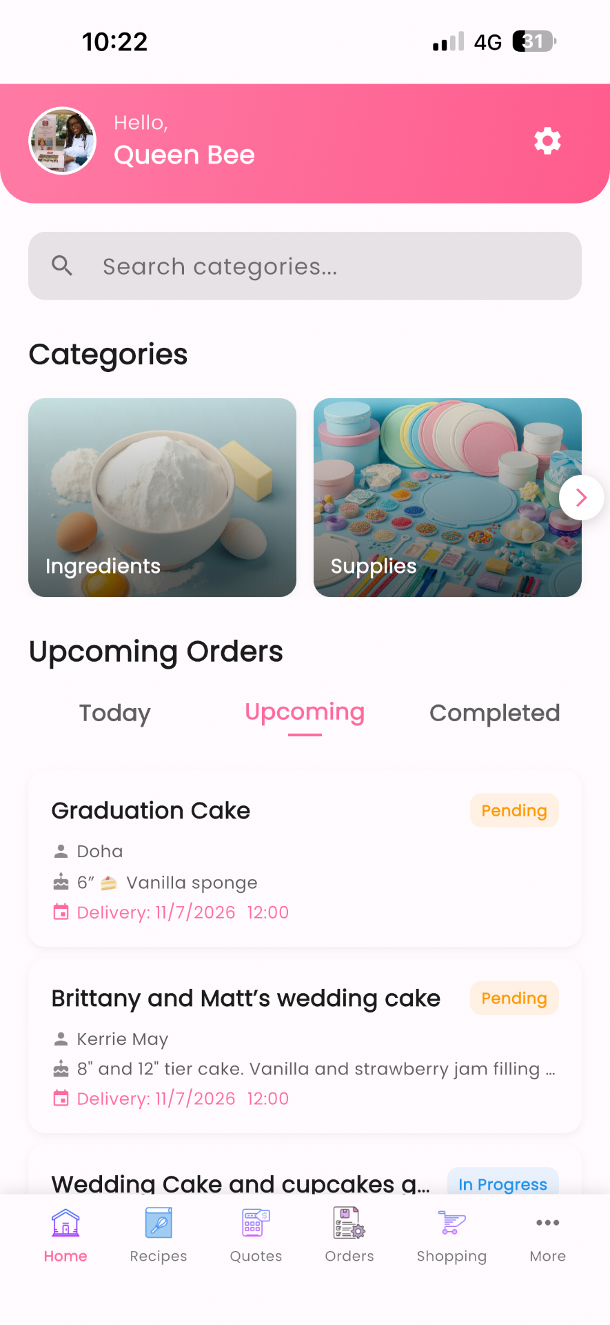 Home Dashboard screen in Cake Aide Pro