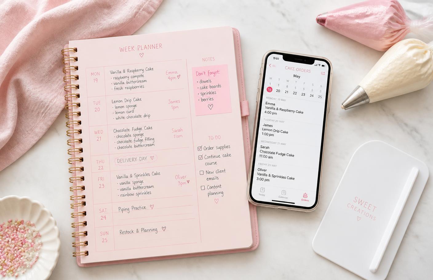 A baker's week planner beside a phone showing upcoming cake orders by day