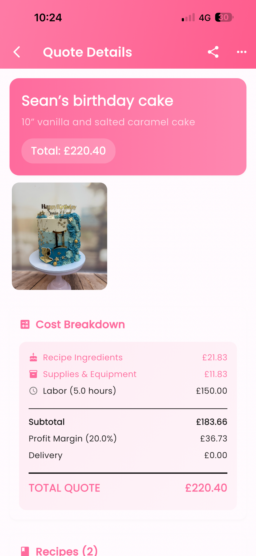 Quote Calculator screen in Cake Aide Pro