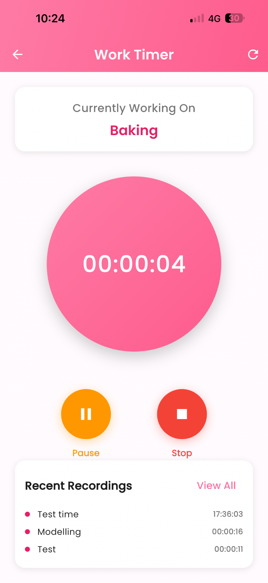 Work Timer screen in Cake Aide Pro